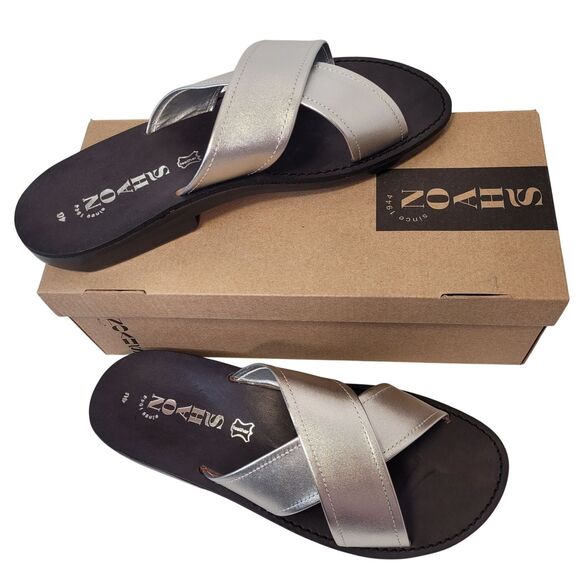Noahs Shoes - Women Casual Silver Leather Cross Strap Flats Slide Retro Sandals Size 9